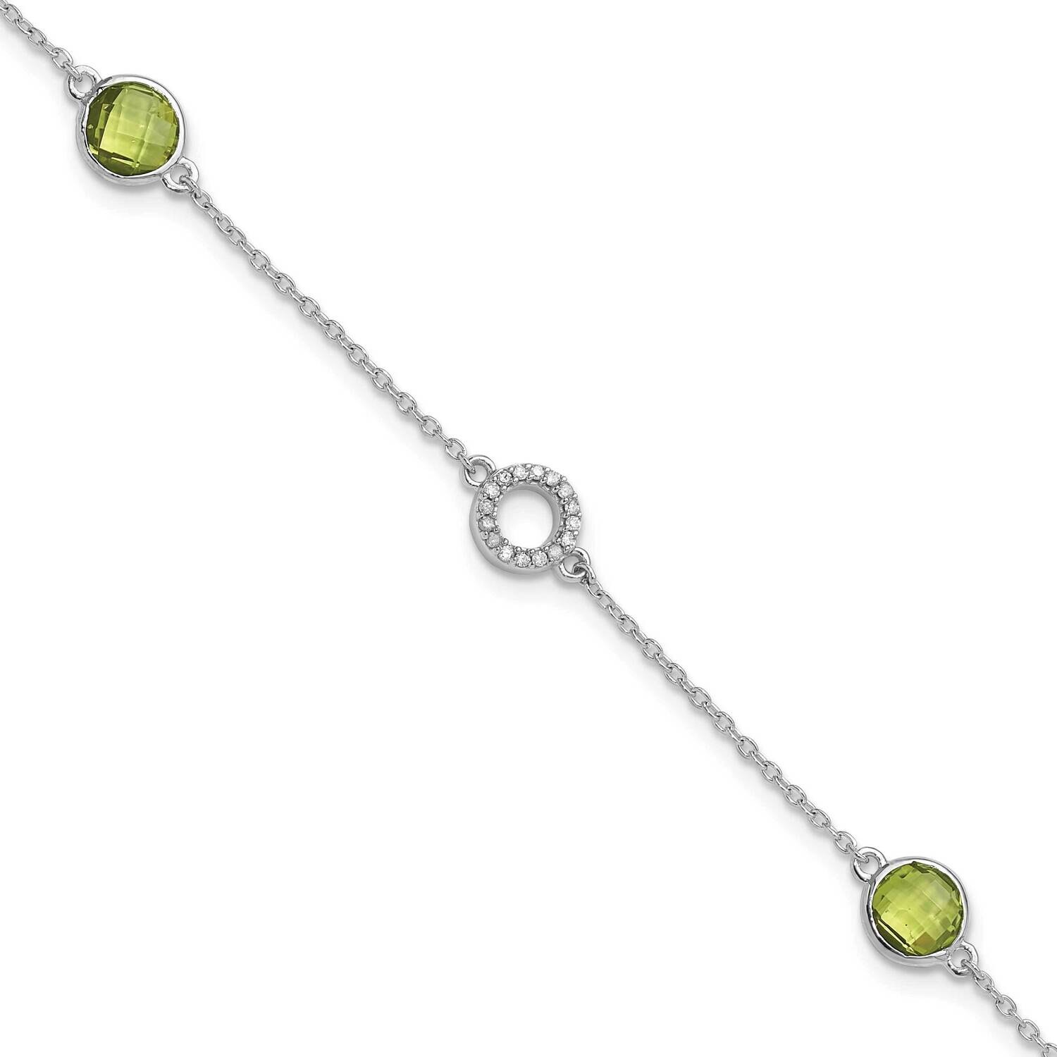 Rh Plated White Ice Diamond &amp; Peridot 1 Inch Extender Bracelet Sterling Silver QW361PE-7.25, MPN: Q…