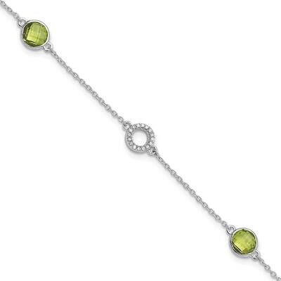 Rh Plated White Ice Diamond &amp; Peridot 1 Inch Extender Bracelet Sterling Silver QW361PE-7.25, MPN: Q…