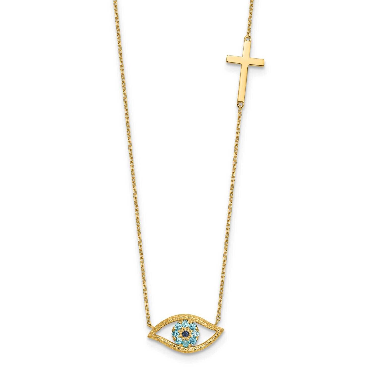 CZ Evil Eye Cross 18 Inch 2 Inch Extender Necklace 14k Polished Gold SF3056-18