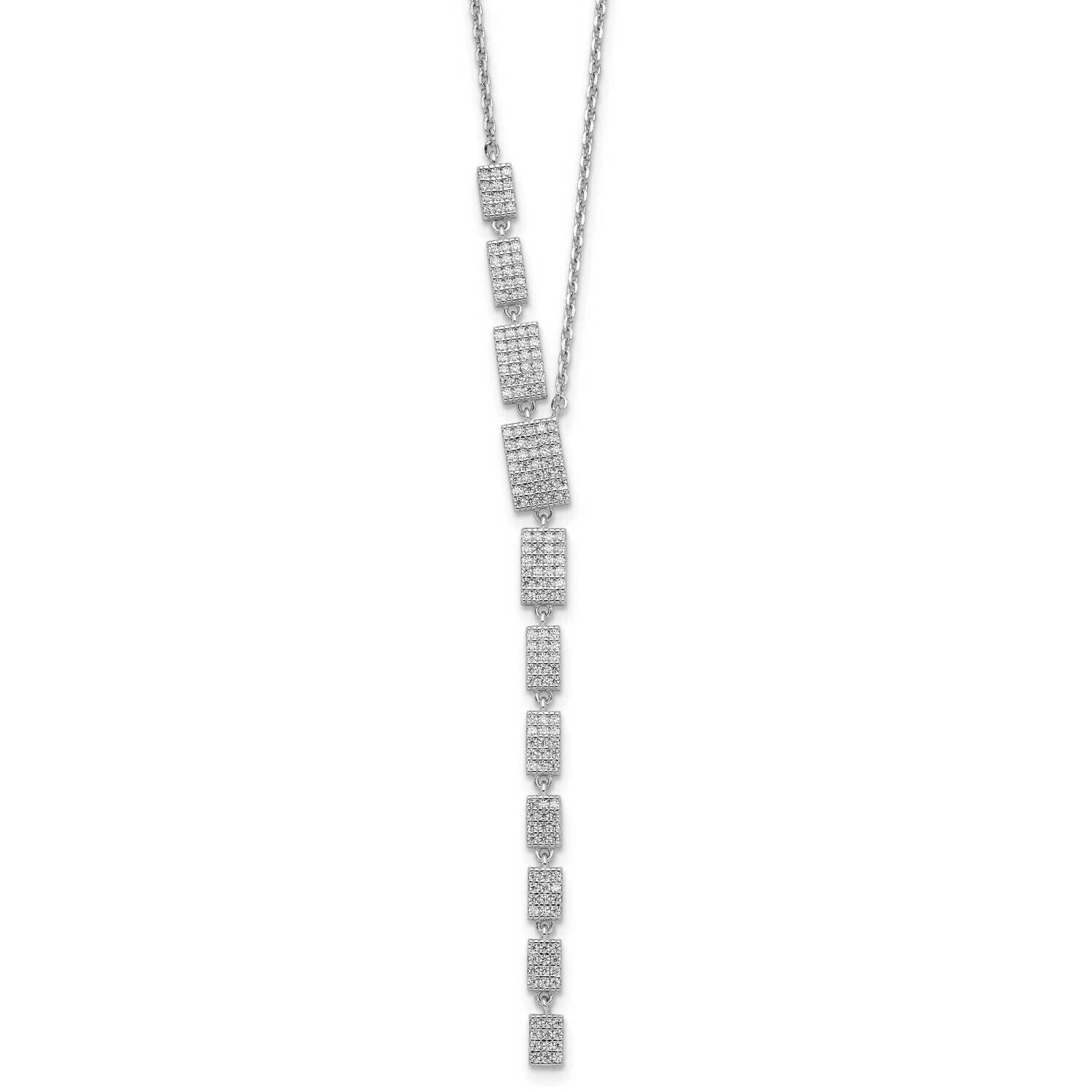 Sterling Shimmer CZ 188 Stone 16 Inch 2 Inch Extender Rectangle Drop Necklace Sterling Silver Rhodium-Plated QSH120-16