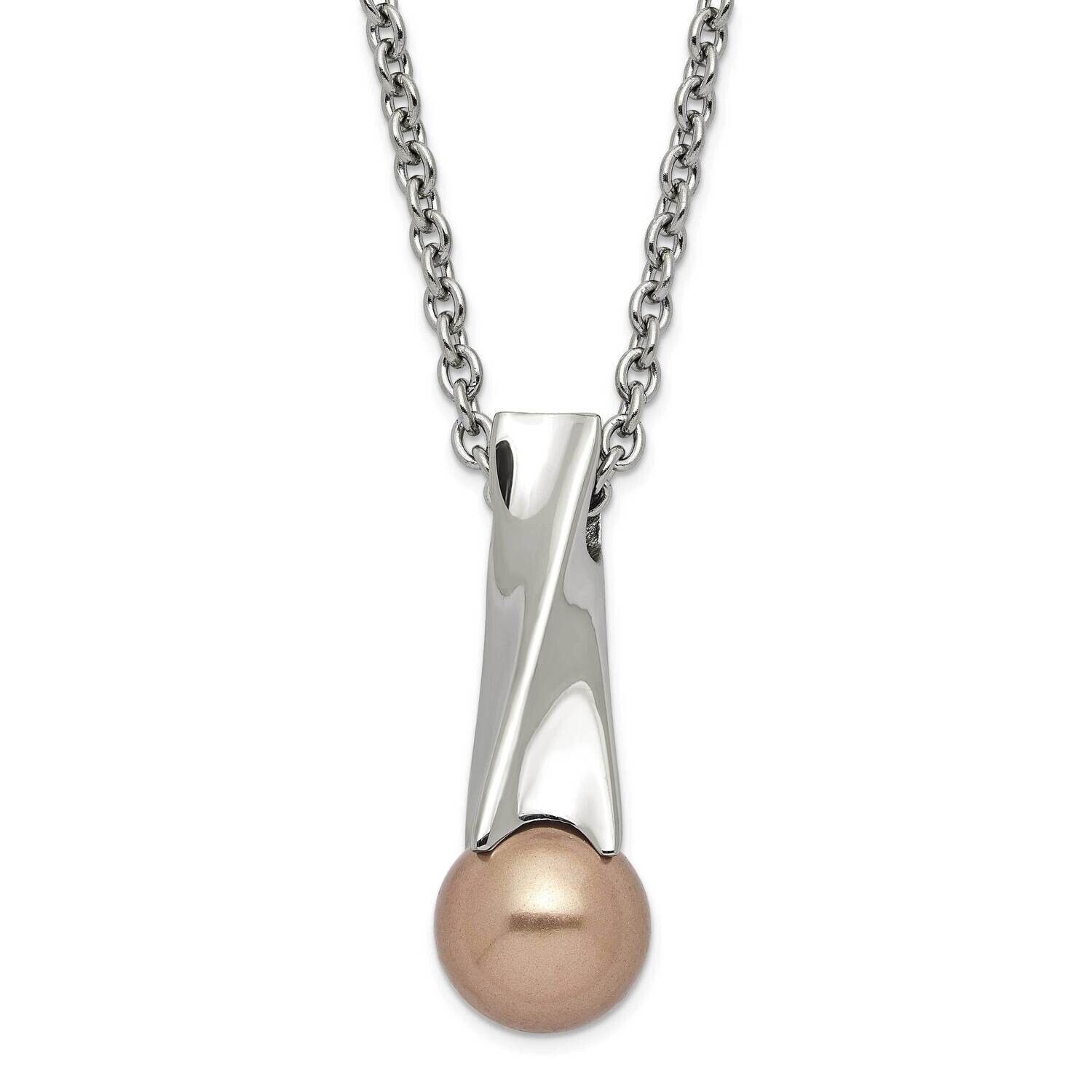 Polished Champagne Simulated Pearl & CZ Pendant Necklace Stainless Steel SRN1025-18