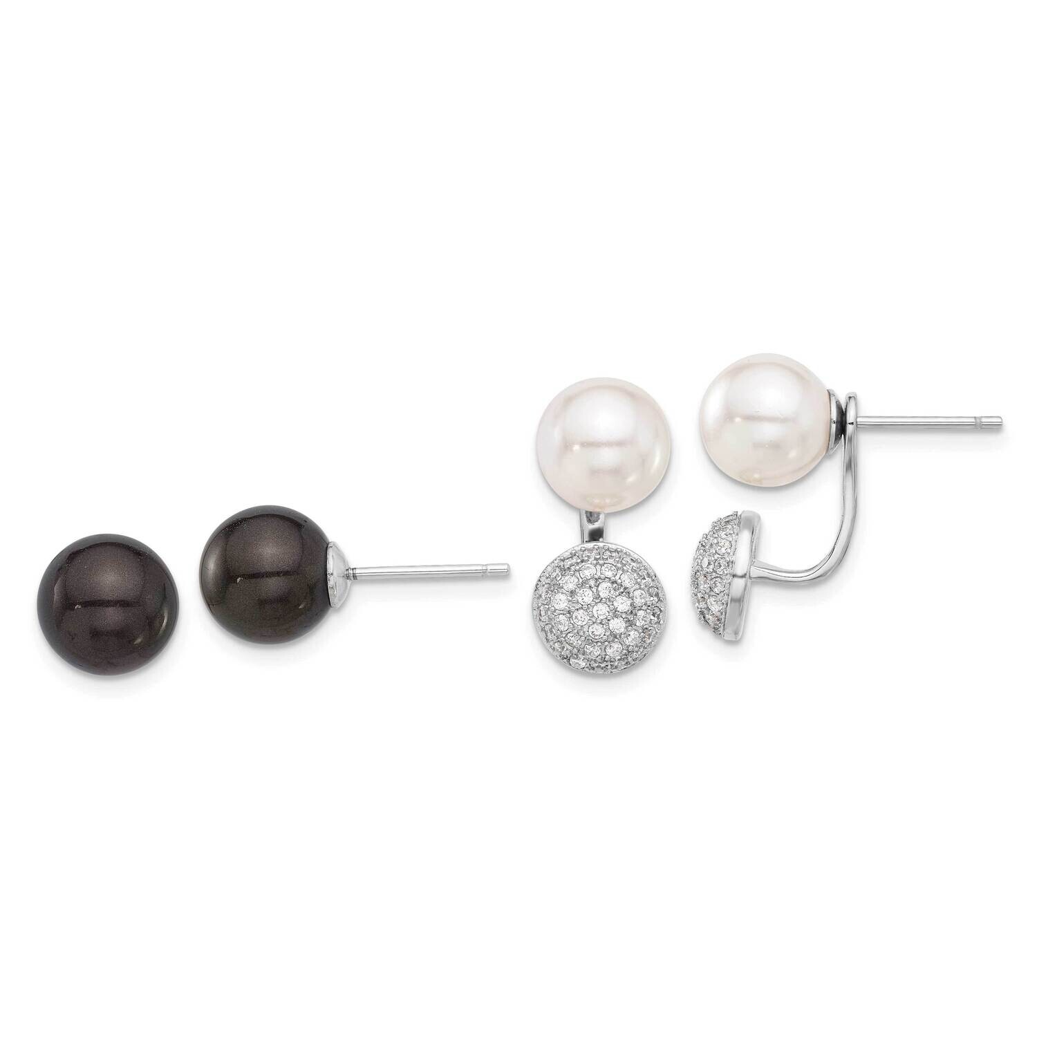 Sterlings Majestik Rh-Pl 8-9mm White Black Imit Shell Pearl CZ Post Earring Set QMJE89BW, MPN: QMJE…