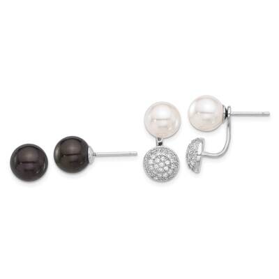 Sterlings Majestik Rh-Pl 8-9mm White Black Imit Shell Pearl CZ Post Earring Set QMJE89BW, MPN: QMJE…