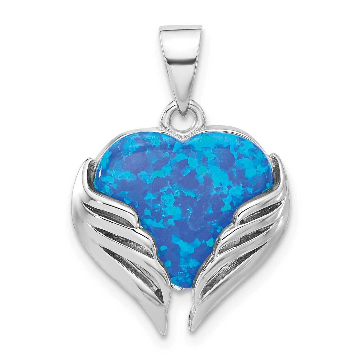 Rh-Plated Blue Created Opal Heart Wings Pendant Sterling Silver QP5788, MPN: QP5788,