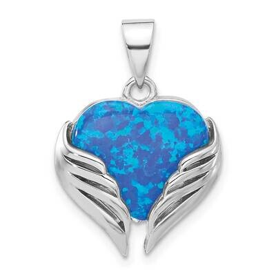 Rh-Plated Blue Created Opal Heart Wings Pendant Sterling Silver QP5788, MPN: QP5788,