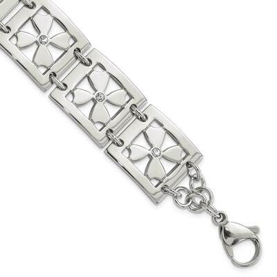Polished CZ Floral Square 8 Inch Bracelet Stainless Steel SRB751-7.5 by Chisel, MPN: SRB751-7.5, 88…