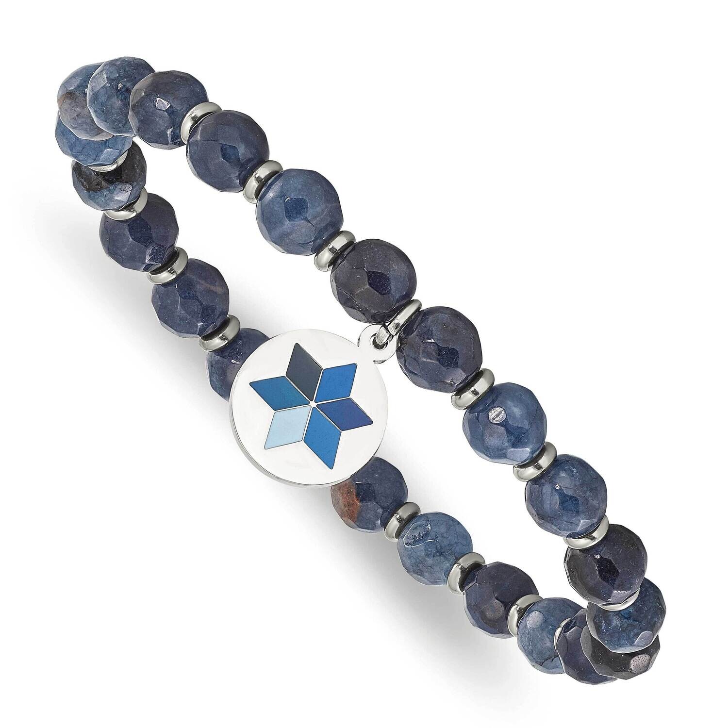 Chisel Polished Enameled Flower Charm 6mm Blue Jade Beaded Stretch Bracelet 6.25 Inch Stainless Steel SRB3137