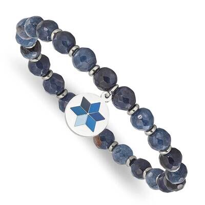 Chisel Polished Enameled Flower Charm 6mm Blue Jade Beaded Stretch Bracelet 6.25 Inch Stainless Ste…