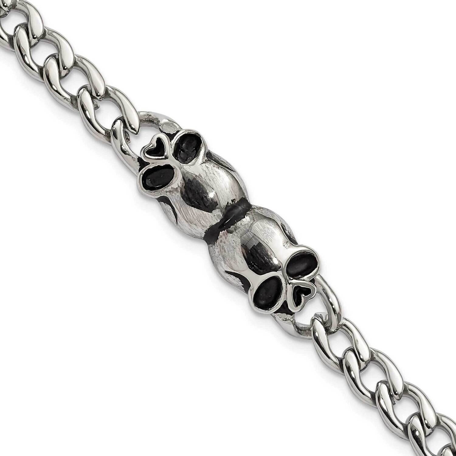 Polished Antiqued Skulls Link Bracelet 7.75 Inch Stainless Steel SRB1452-7.75