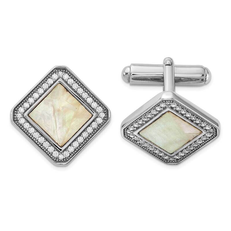 CZ Mother Of Pearl Square Cuff Links Sterling Silver Rhodium-Plated QQ654