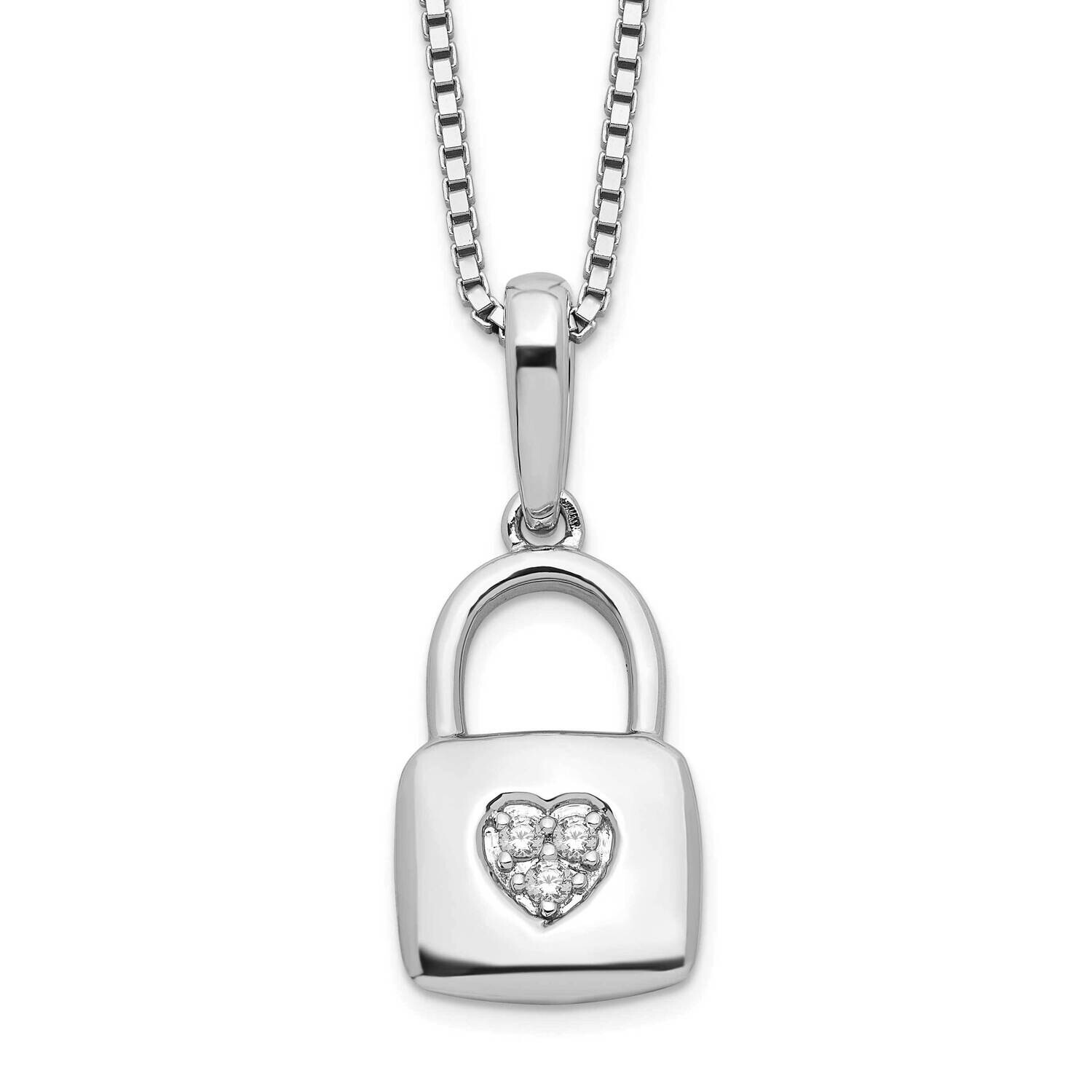 White Ice 18 Inch Diamond Heart Lock Necklace 2 Inch Extender Sterling Silver Rhodium-Plated QW527-18
