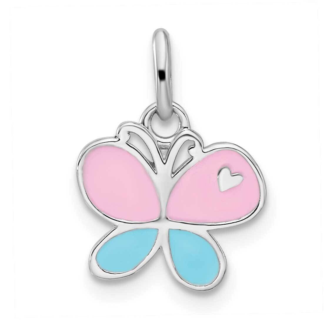 Rh-Plated Blue & Pink Enamel Butterfly Children's Pendant Sterling Silver QP5840