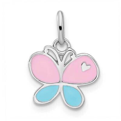 Rh-Plated Blue &amp; Pink Enamel Butterfly Children&#39;s Pendant Sterling Silver QP5840, MPN: QP5840,