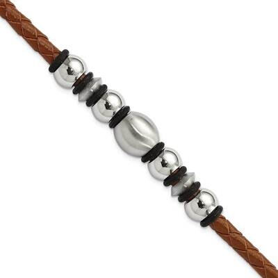 Polished &amp; Satin Beads Brown Leather Bracelet 8.25 Inch Stainless Steel SRB722-8.25 by Chisel, MPN:…