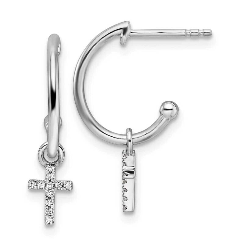 White Ice Diamond Cross Dangle J-Hoop Post Earrings Sterling Silver Rhodium-Plated QW513
