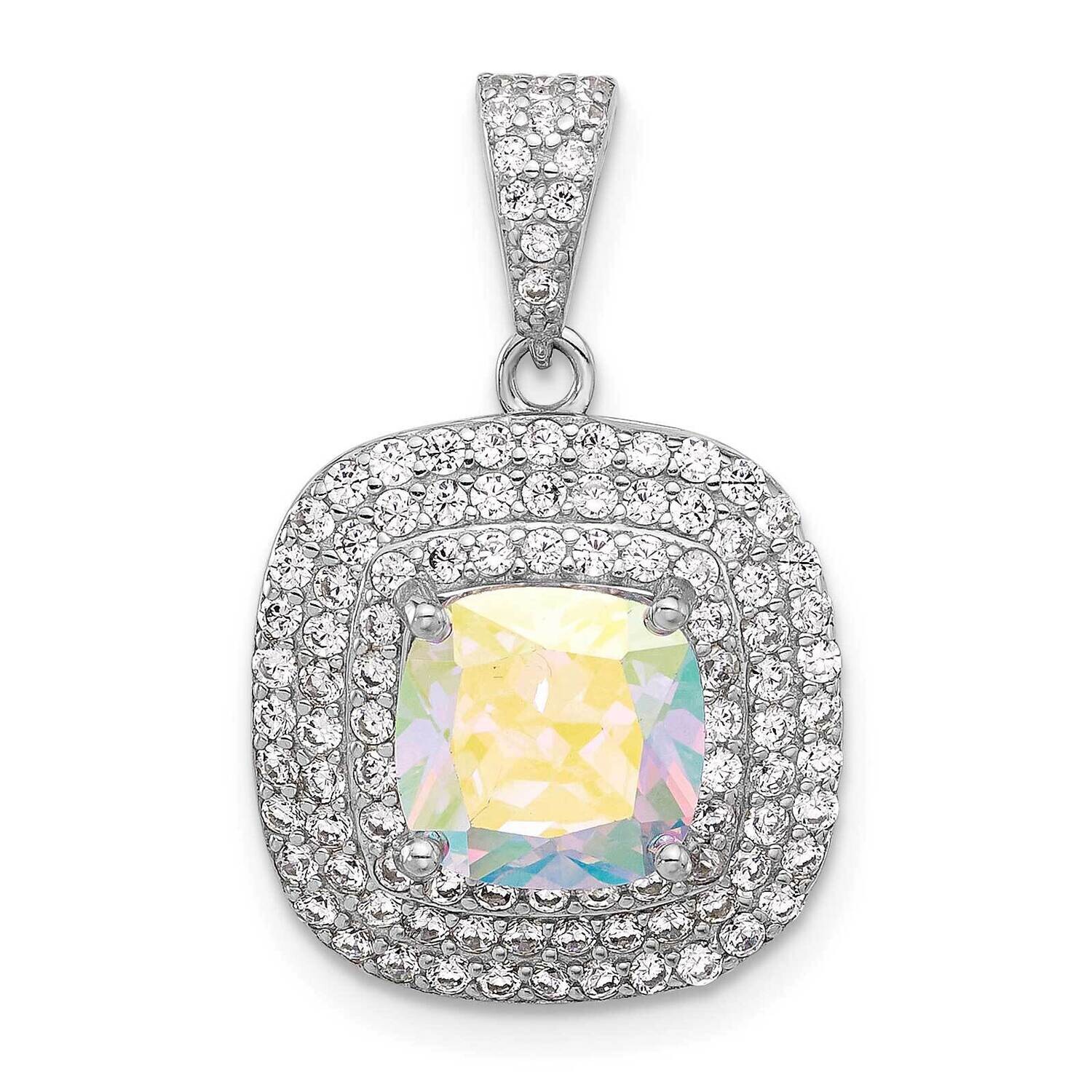 Rh-Plated Clear Iridescent CZ Square Halo Pendant Sterling Silver QP5768, MPN: QP5768,