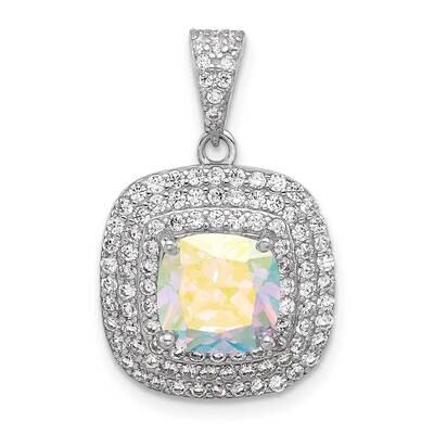Rh-Plated Clear Iridescent CZ Square Halo Pendant Sterling Silver QP5768, MPN: QP5768,