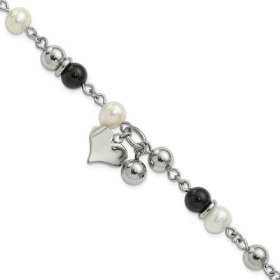 Onyx Freshwater Cultured Pearl &amp; Crystal Heart Bracelet 8 Inch Stainless Steel SRB576-8 by Chisel, …