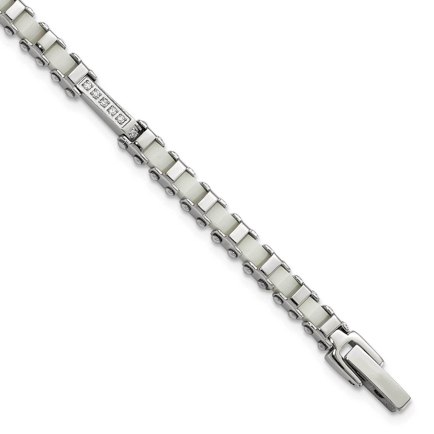 Polished CZ & White Ceramic Link Bracelet 7.5 Inch Stainless Steel SRB936-7.5