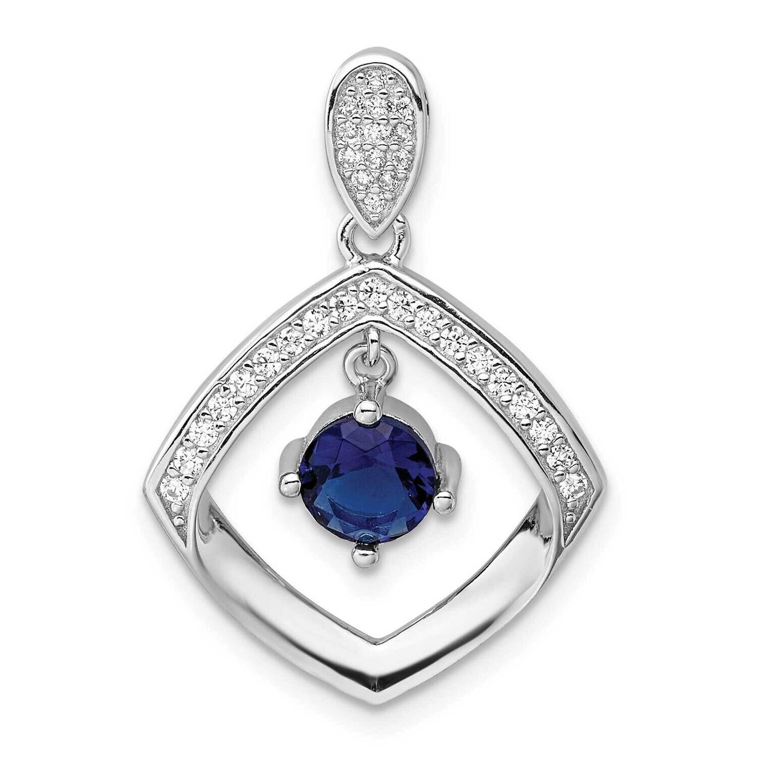 Rh-Pltd Blue Glass Clear CZ Fancy Square Pendant Sterling Silver QP5824, MPN: QP5824,