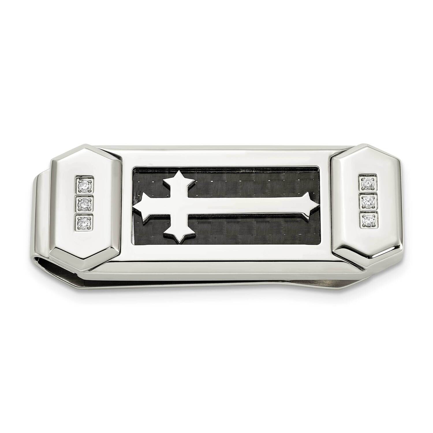 Chisel Polished CZ Carbon Fiber Inlay Cross Money Clip Stainless Steel SRM227 by Men&#39;s Jewelry and …
