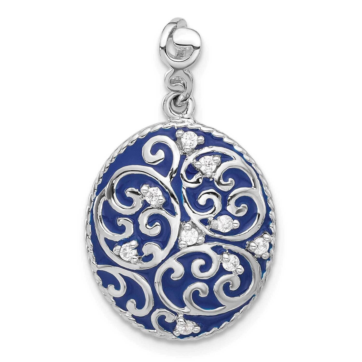 Polished Swirl Blue Enamel CZ Oval Pendant Sterling Silver Rhodium-Plated QP5738, MPN: QP5738,