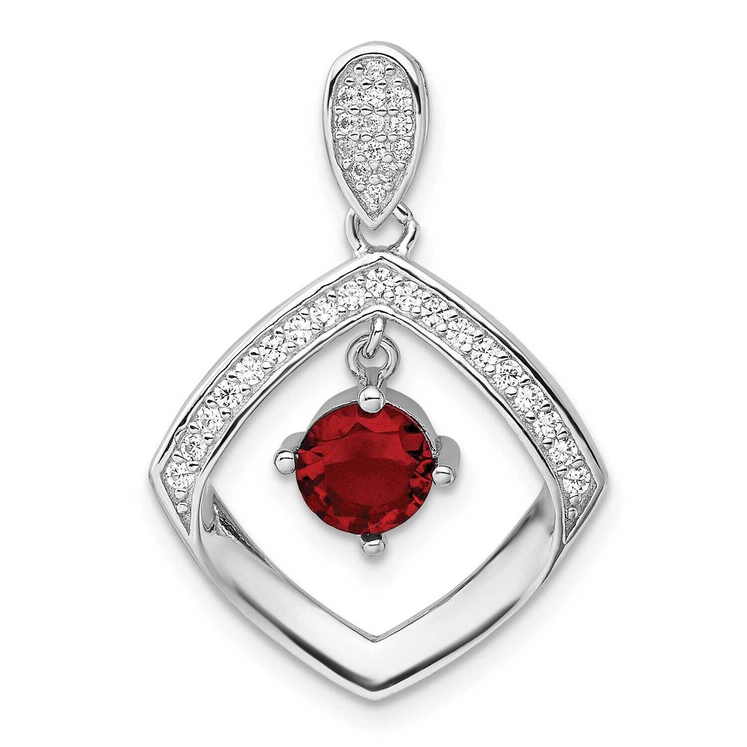 Rh-Plated Red Glass &amp; Clear CZ Fancy Square Pendant Sterling Silver QP5823, MPN: QP5823,