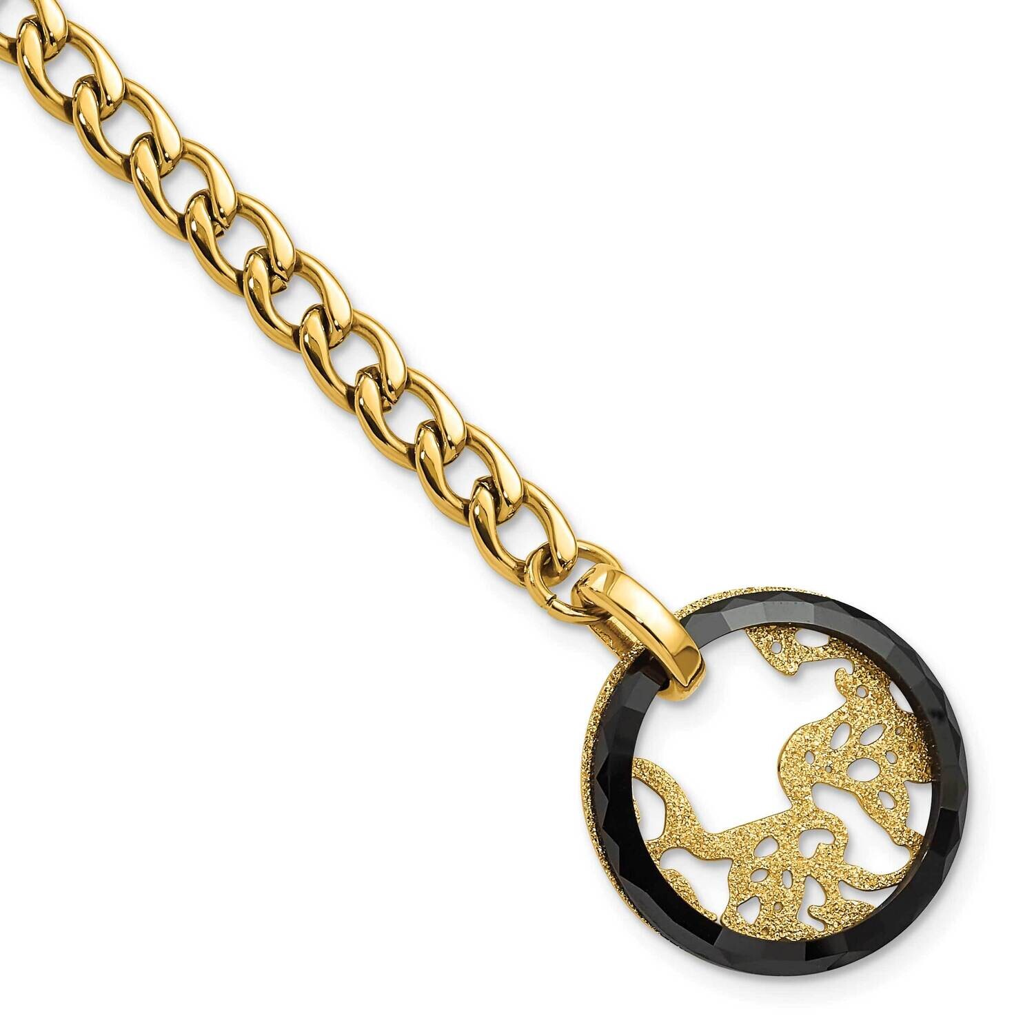Yellow Ip-Plated Black Ceramic Polished &amp; Lasercut Circle Bracelet 7.25 Inch Stainless Steel SRB154…