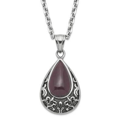 Polished &amp; Antiqued Purple Cat&#39;s Eye Teardrop Necklace Stainless Steel SRN1132-20 by Chisel, MPN: S…