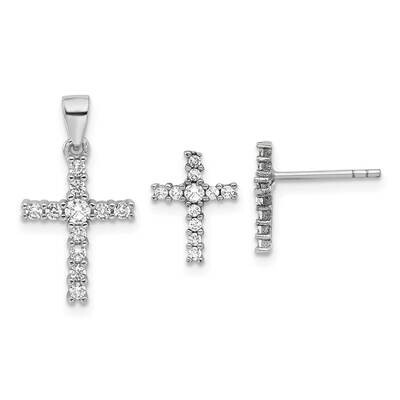CZ Cross Post Earrings Pendant Set Sterling Silver Rhodium-Plated QST279, MPN: QST279,