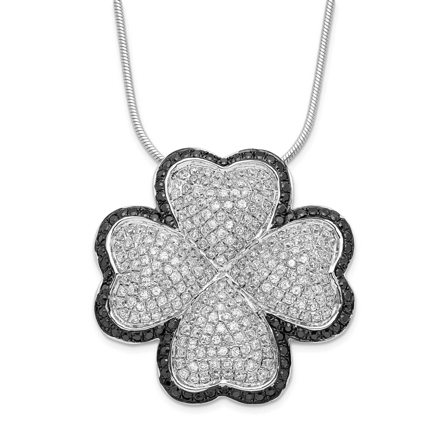 Black &amp; Clear CZ Brilliant Embers Four Leaf Clover Necklace Sterling Silver QMP455-18