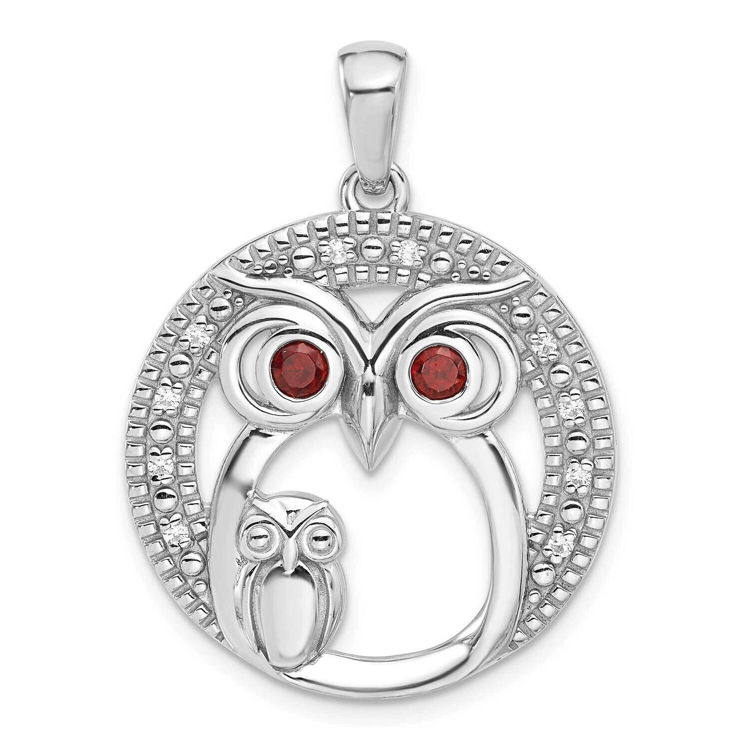 Garnet CZ Owls Pendant Sterling Silver Rhodium-Plated QP5892, MPN: QP5892,