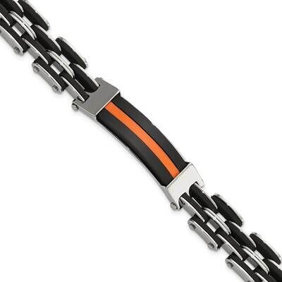 Polished Black &amp; Orange Polyurethane Link Bracelet 8.5 Inch Stainless Steel SRB475-8.5 by Chisel, M…