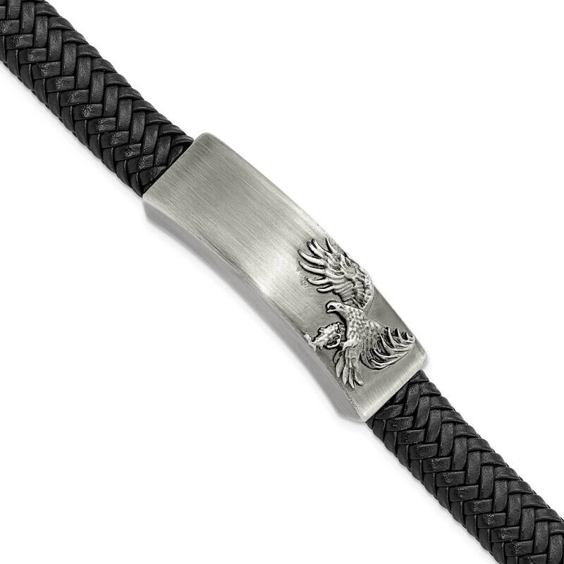 Chisel Antiqued Brushed Eagle Braided Black Leather 8.5 Inch Id Bracelet Stainless Steel SRB3090-8.…