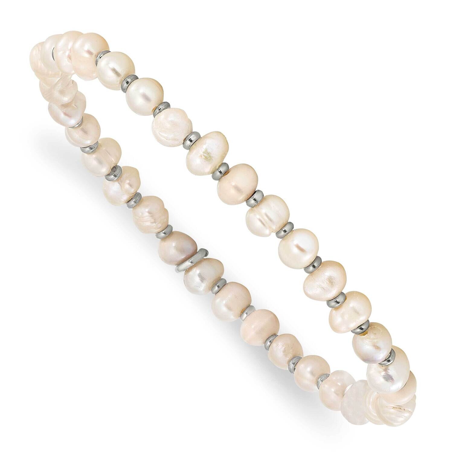 Chisel Polished 5.5mm Freshwater Cultured Pearl Beaded Stretch Bracelet 6.25 Inch Stainless Steel S…