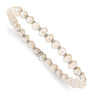 Chisel Polished 5.5mm Freshwater Cultured Pearl Beaded Stretch Bracelet 6.25 Inch Stainless Steel S…