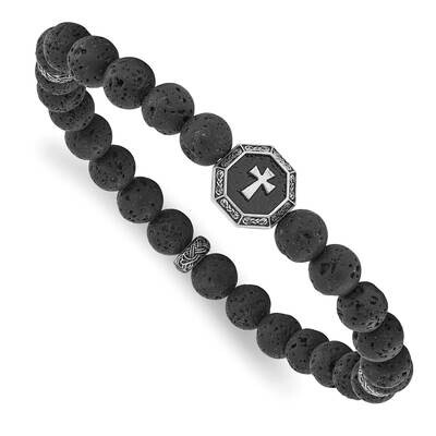 Chisel Antiqued Brushedcross 8.5mm Lava Stone Beaded Stretch Bracelet 8.25 Inch Stainless Steel SRB…