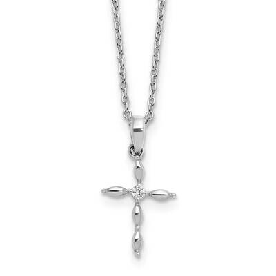 Rh Plated White Ice Diamond Cross 2 Inch Extension Necklace Sterling Silver QW575-18, MPN: QW575-18,