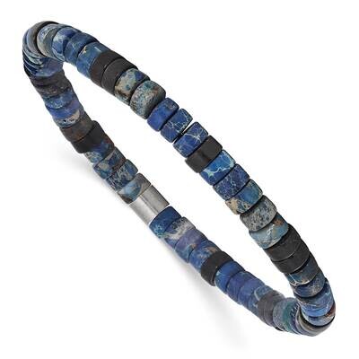 Chisel Brushed Blue Sediment Black Agate Beaded Stretch Bracelet 7.5 Inch Stainless Steel SRB3117 b…