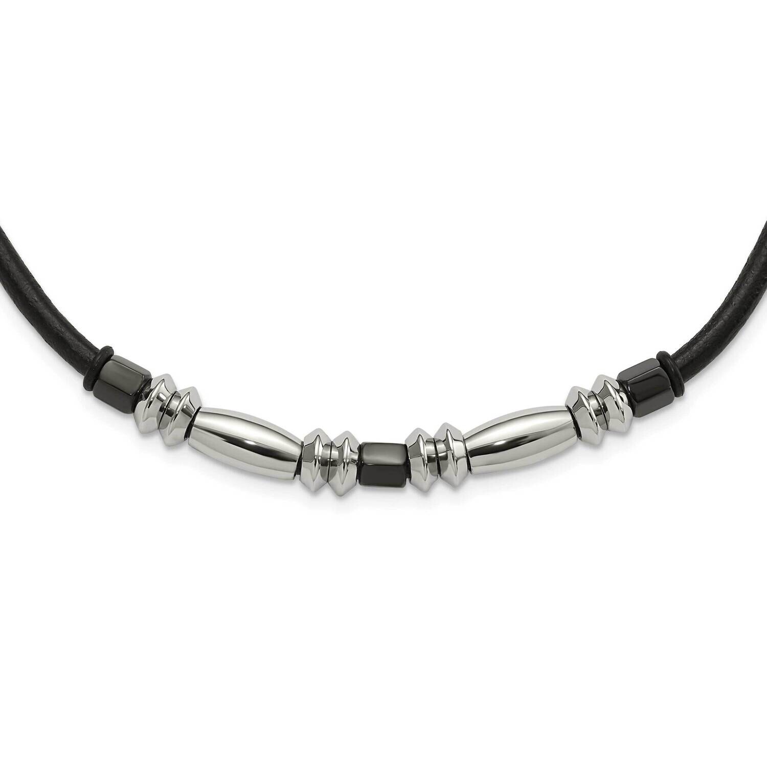Polished &amp; Hematite Beads Leather Cord Necklace Stainless Steel SRN1085-16.5 by Chisel, MPN: SRN108…