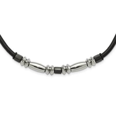 Polished &amp; Hematite Beads Leather Cord Necklace Stainless Steel SRN1085-16.5 by Chisel, MPN: SRN108…