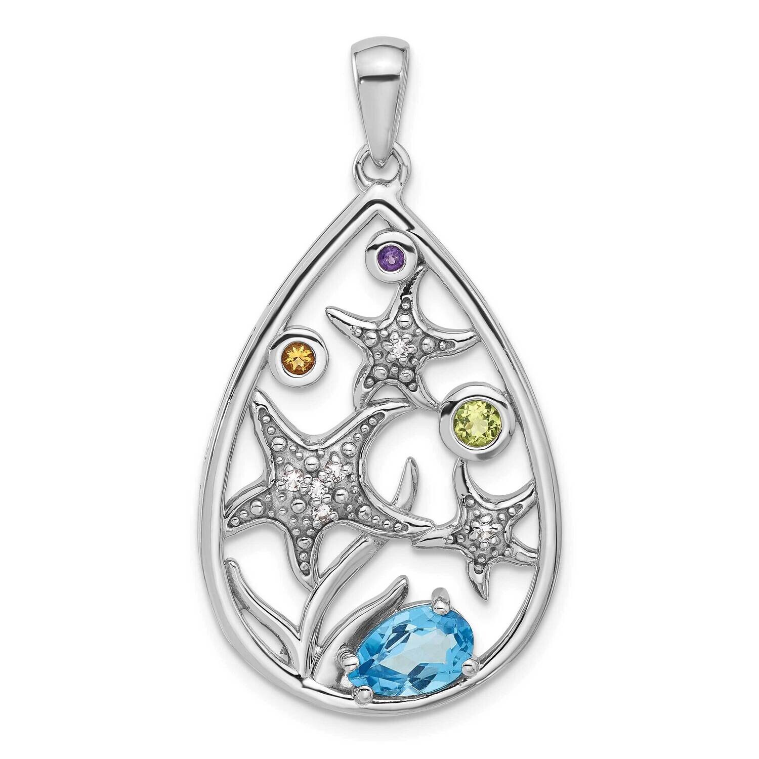 Rainbow Multi-Gemstone Starfish Pendant Sterling Silver Rhodium-Plated QP5894, MPN: QP5894,