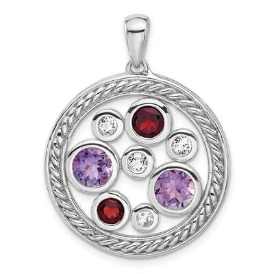 Rhodium Amethyst Garnet White Topaz Circle Pendant Sterling Silver QP5898GA, MPN: QP5898GA,
