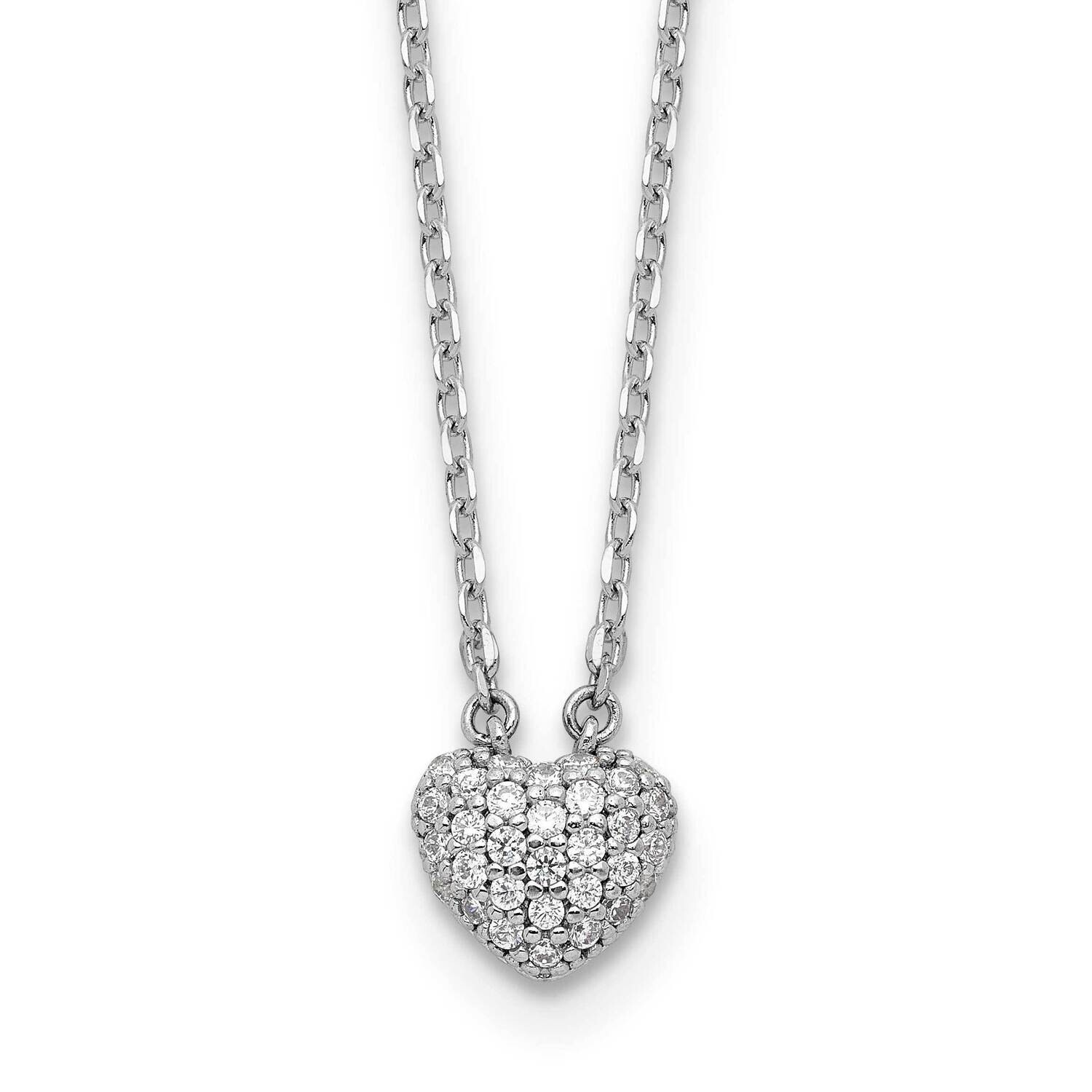 Sterling Shimmer CZ 66 Stone 16 Inch 2 Inch Extender Pave Heart Necklace Sterling Silver Rhodium-Pl…