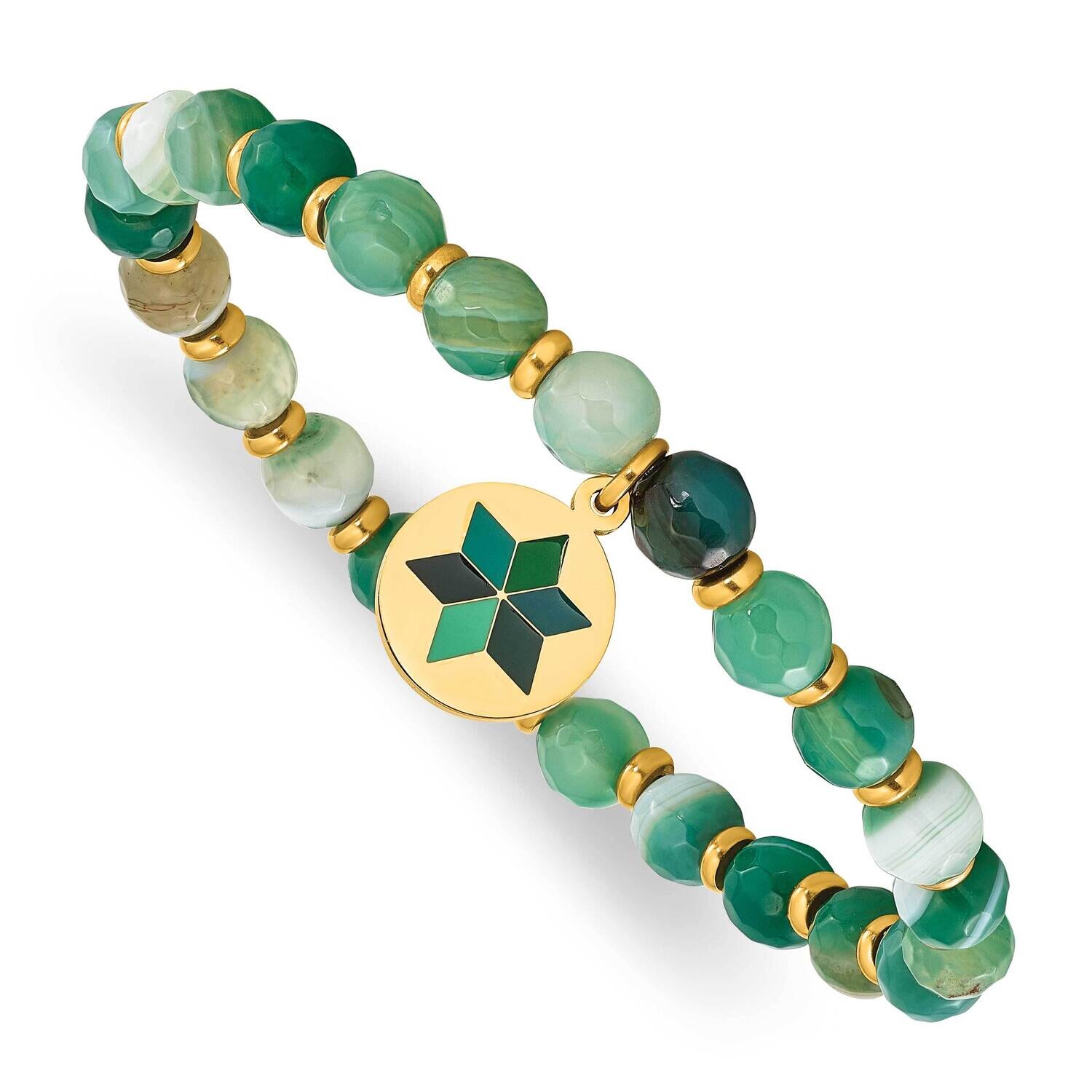 Chisel Polished Yellow Ip-Plated Enameled Flower Charm 6mm Green Agate Beaded Stretch Bracelet 6.25…