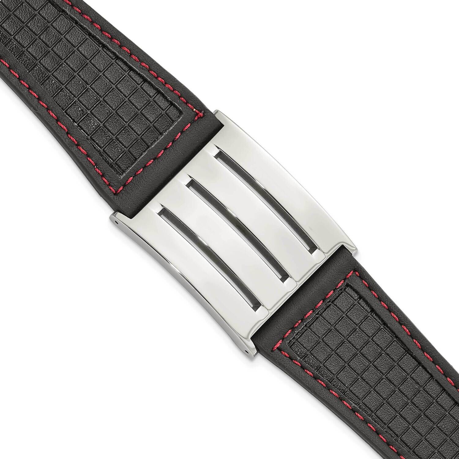 Black Leather Red Trim Polished Buckle Bracelet 9.25 Inch Stainless Steel SRB748-9.25 by Chisel, MP…