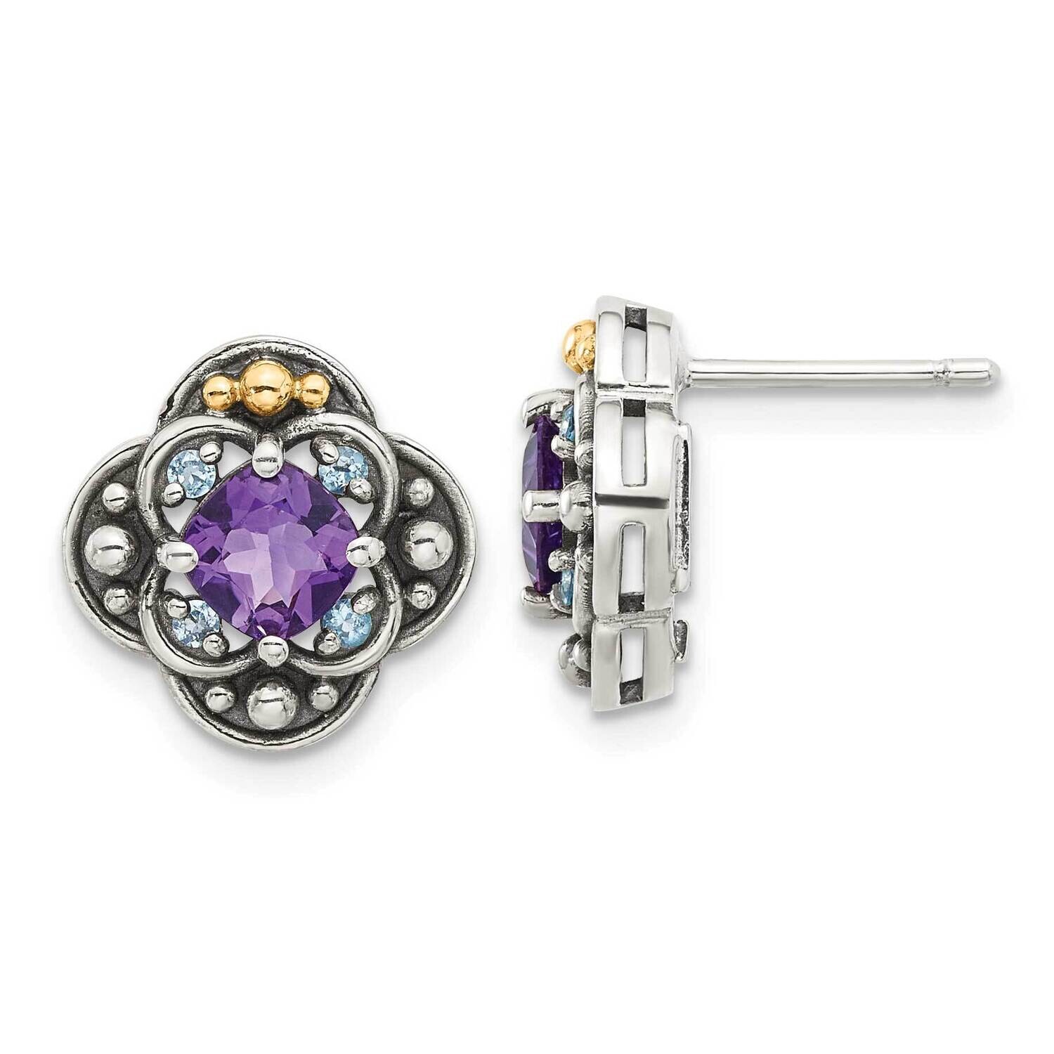 Shey Couture Sterling Silver Accent Antiqued .91 Amethyst .11Swiss Blue Topaz Post Earrings 14k Gold QTC1792