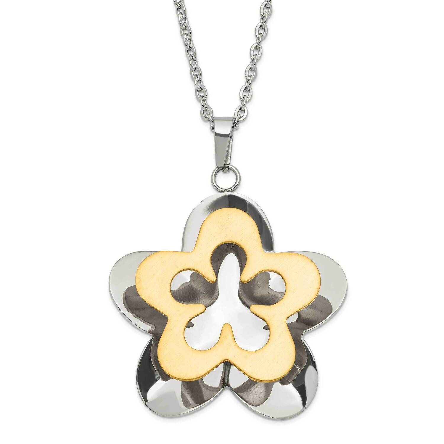 Polished &amp; Brushed Yellow Ip-Plated Flower Necklace Stainless Steel SRN1305-20 by Chisel, MPN: SRN1…