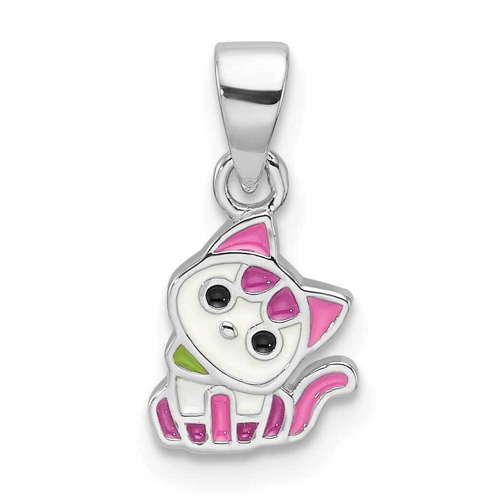 Rhod-Plated Multi-Color Enameled Cat Children&#39;s Pendant Sterling Silver QP5854, MPN: QP5854,