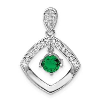Rh-Pltd Green Glass Clear CZ Fancy Square Pendant Sterling Silver QP5825, MPN: QP5825,